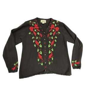 Vintage Women's black Knit Holiday Embroidered button up Cardigan SIze L‎ GUC
